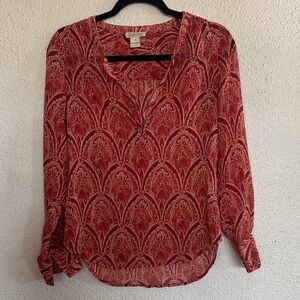 Lucky Brand Red Printed V-Neck Long Sleeve Blouse